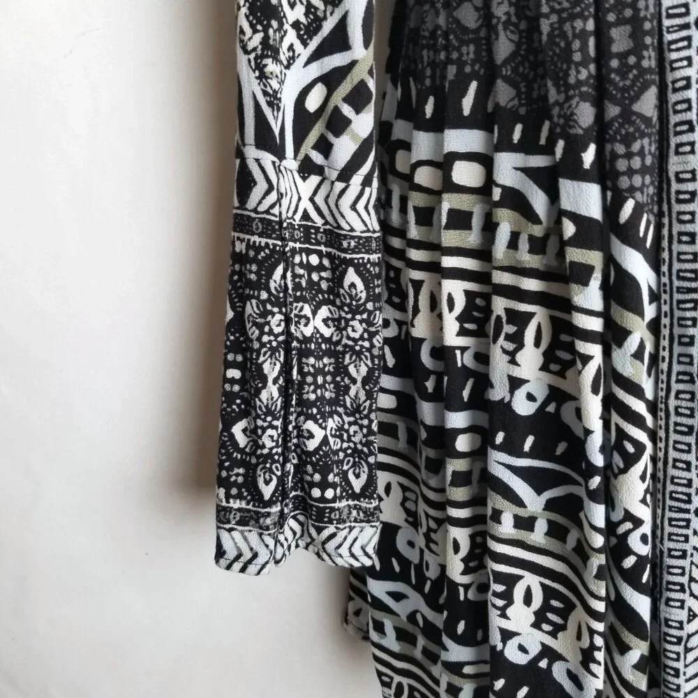 Free People Teagan Boho Tribal Print Mini Dress Bell Sleeves Black White Size S